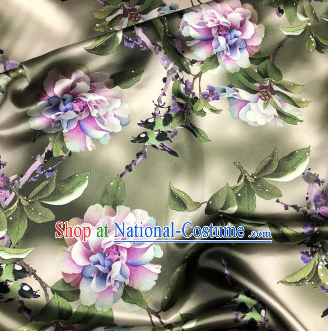 Chinese Classical Flowers Pattern Design Khaki Gambiered Guangdong Gauze Fabric Asian Traditional Cheongsam Silk Material