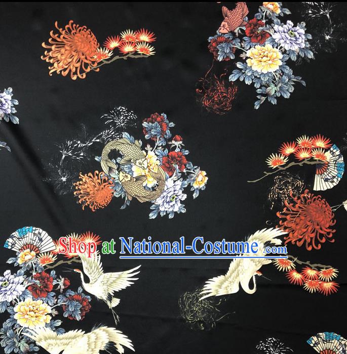 Chinese Classical Crane Peony Pattern Design Black Gambiered Guangdong Gauze Fabric Asian Traditional Cheongsam Silk Material