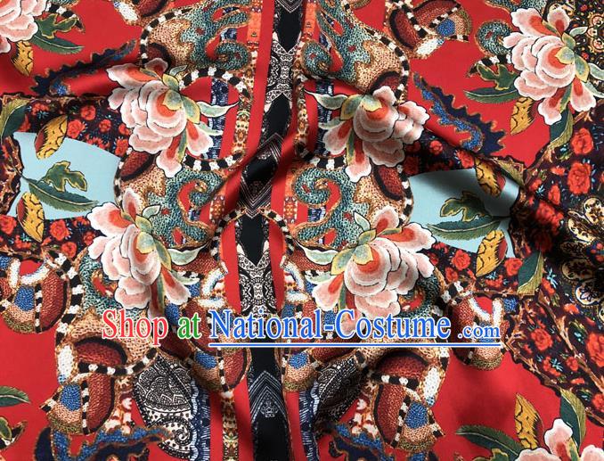 Chinese Classical Peony Pattern Design Red Gambiered Guangdong Gauze Fabric Asian Traditional Cheongsam Silk Material