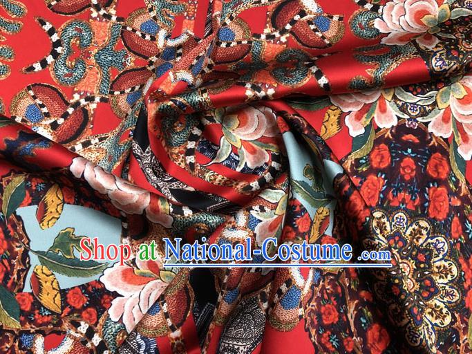 Chinese Classical Peony Pattern Design Red Gambiered Guangdong Gauze Fabric Asian Traditional Cheongsam Silk Material