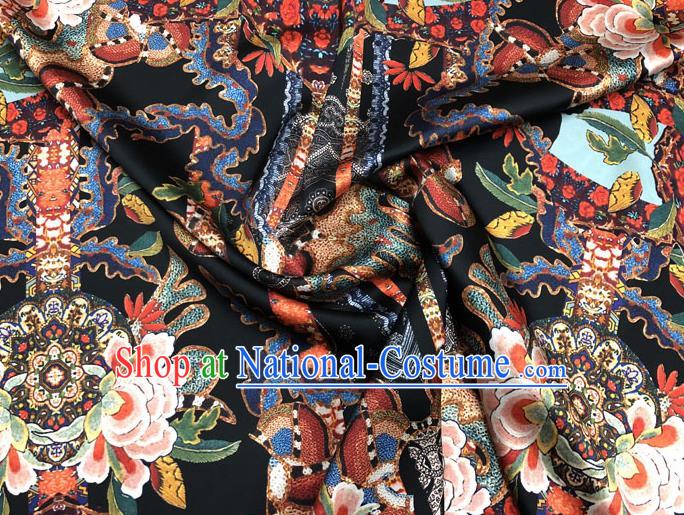 Chinese Classical Peony Pattern Design Black Gambiered Guangdong Gauze Fabric Asian Traditional Cheongsam Silk Material