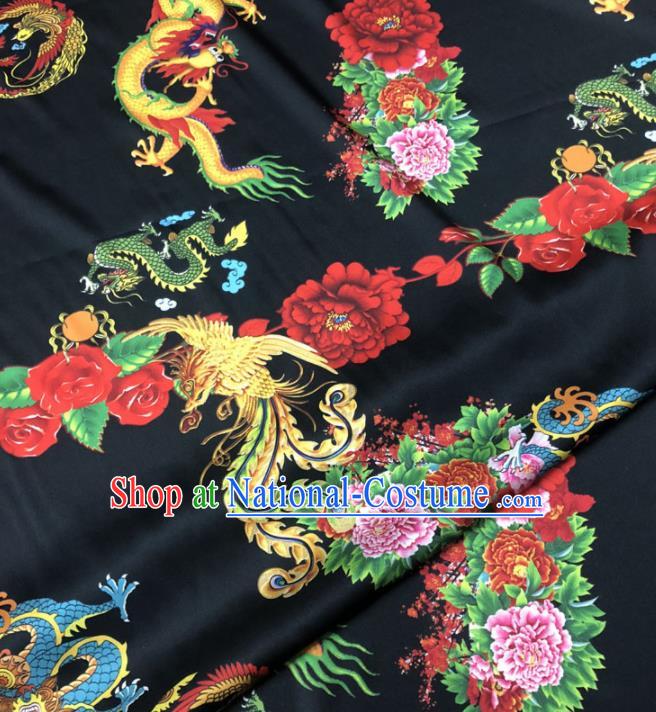 Chinese Classical Dragon Phoenix Peony Pattern Design Black Gambiered Guangdong Gauze Fabric Asian Traditional Cheongsam Silk Material