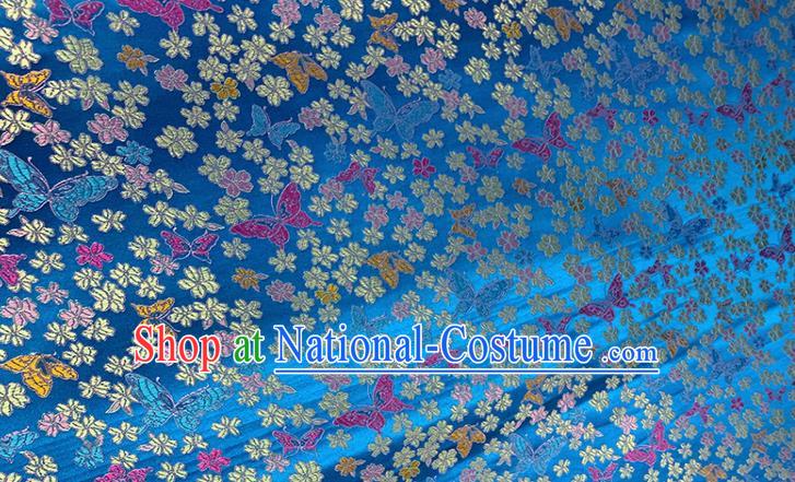 Chinese Classical Butterfly Plum Pattern Design Blue Brocade Fabric Asian Traditional Satin Tang Suit Silk Material