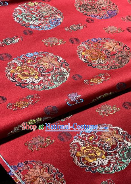 Chinese Classical Round Peony Pattern Design Red Brocade Fabric Asian Traditional Satin Tang Suit Silk Material