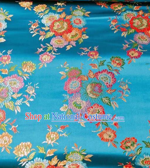 Chinese Classical Royal Flowers Pattern Design Blue Brocade Fabric Asian Traditional Satin Tang Suit Silk Material