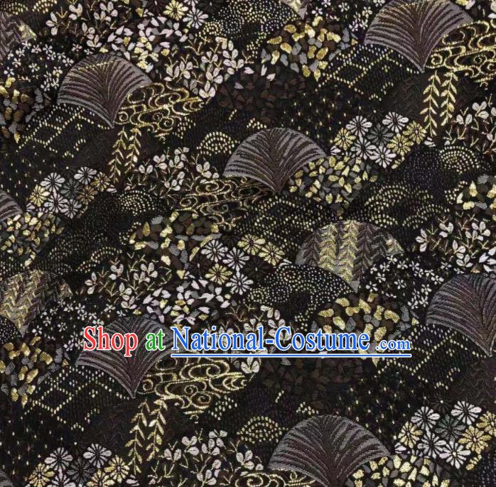 Chinese Classical Royal Cherry Fan Pattern Design Black Brocade Fabric Asian Traditional Satin Tang Suit Silk Material