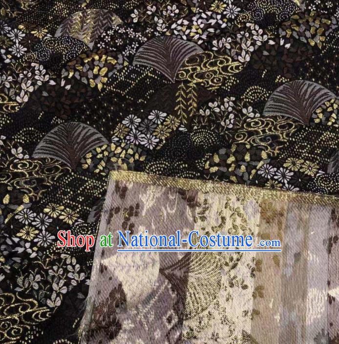 Chinese Classical Royal Cherry Fan Pattern Design Black Brocade Fabric Asian Traditional Satin Tang Suit Silk Material