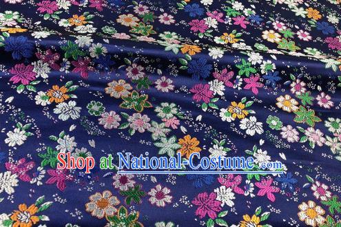 Japanese Kimono Classical Florescence Pattern Design Navy Brocade Fabric Asian Traditional Satin Silk Material