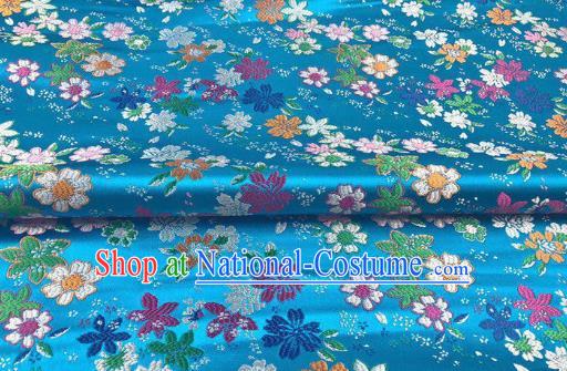 Japanese Kimono Classical Florescence Pattern Design Blue Brocade Fabric Asian Traditional Satin Silk Material