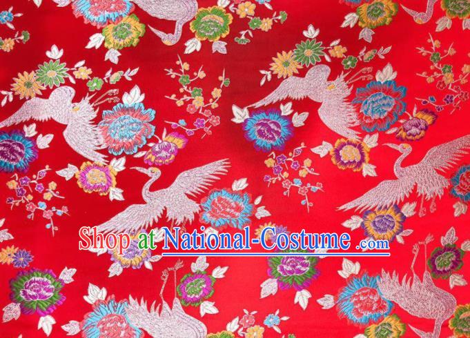 Japanese Kimono Classical Crane Plum Pattern Design Red Brocade Fabric Asian Traditional Satin Silk Material