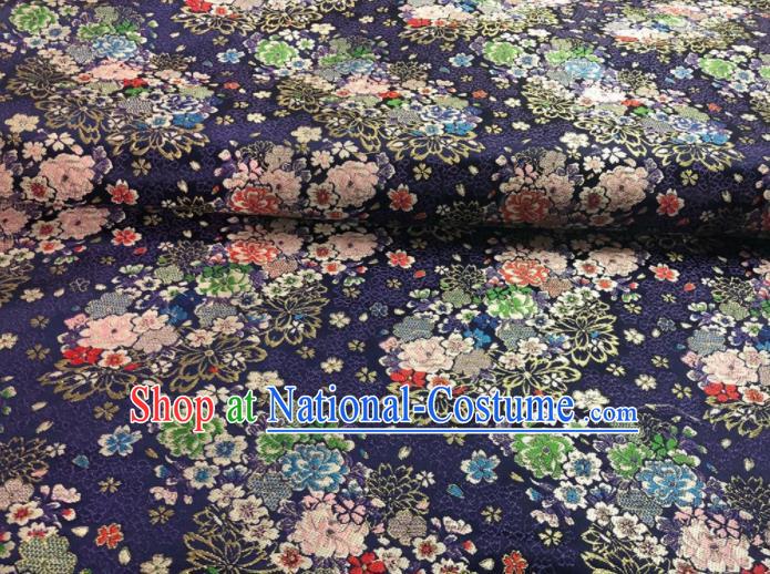 Japanese Classical Floral Flowers Pattern Design Navy Brocade Fabric Asian Traditional Satin Silk Material