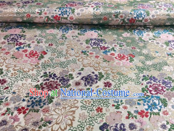 Japanese Classical Floral Flowers Pattern Design Light Green Brocade Fabric Asian Traditional Satin Silk Material