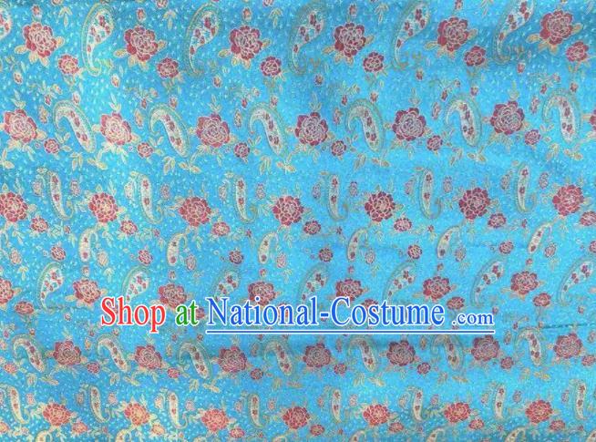 Chinese Classical Loquat Flower Pattern Design Blue Brocade Fabric Asian Traditional Satin Silk Material