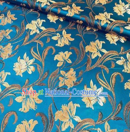 Chinese Classical Timbo Flowers Pattern Design Blue Brocade Fabric Asian Traditional Satin Silk Material