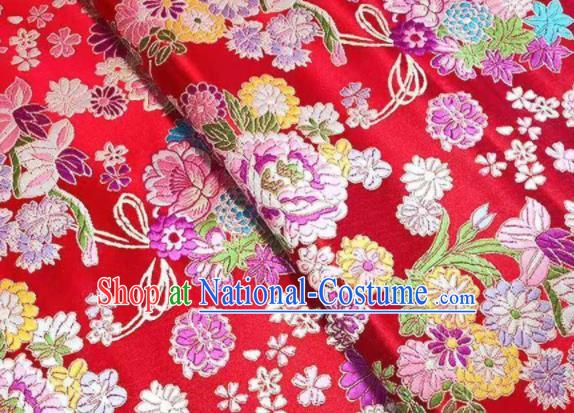 Chinese Royal Daisy Peony Pattern Design Red Brocade Fabric Asian Traditional Satin Silk Material