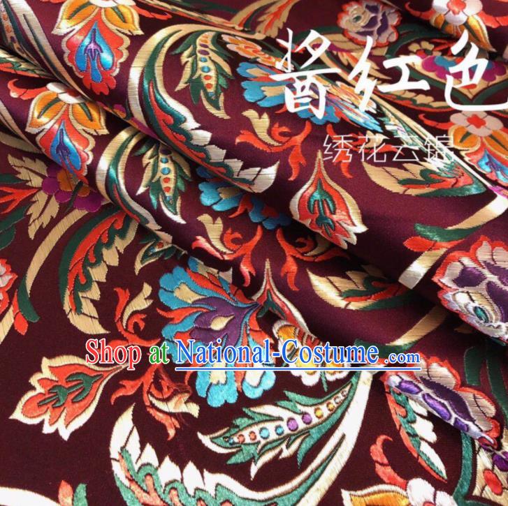 Chinese Classical Embroidered Pattern Design Purplish Red Nanjing Brocade Fabric Asian Traditional Satin Silk Material