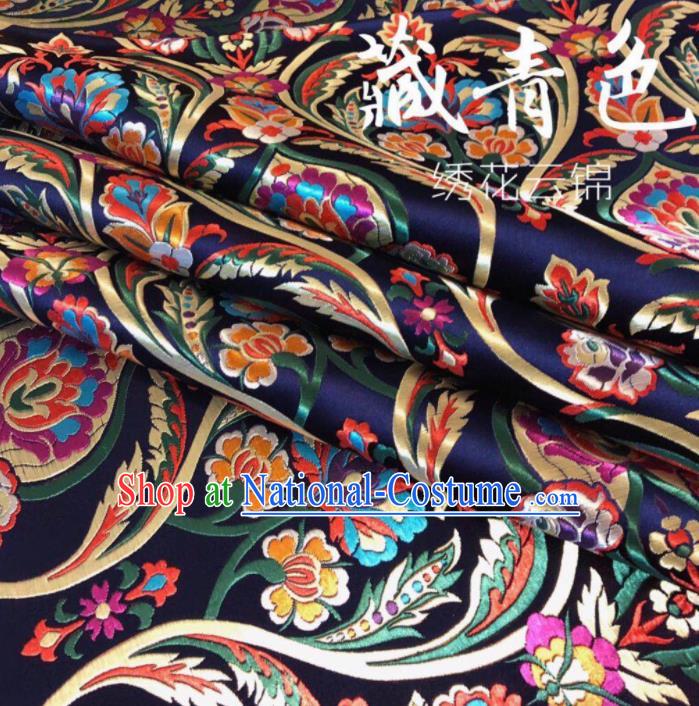 Chinese Classical Embroidered Pattern Design Navy Nanjing Brocade Fabric Asian Traditional Satin Silk Material