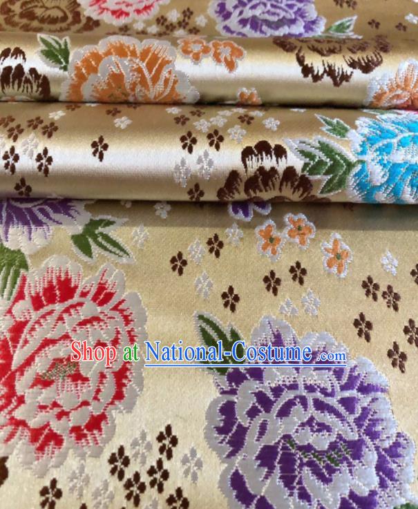 Chinese Classical Embroidered Peony Pattern Design Light Golden Brocade Fabric Asian Traditional Satin Silk Material