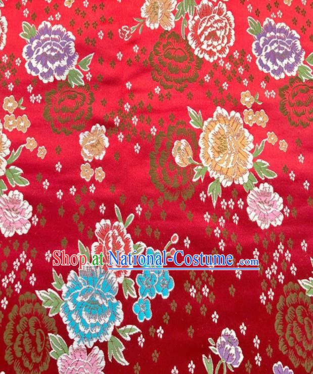 Chinese Classical Embroidered Peony Pattern Design Red Brocade Fabric Asian Traditional Satin Silk Material