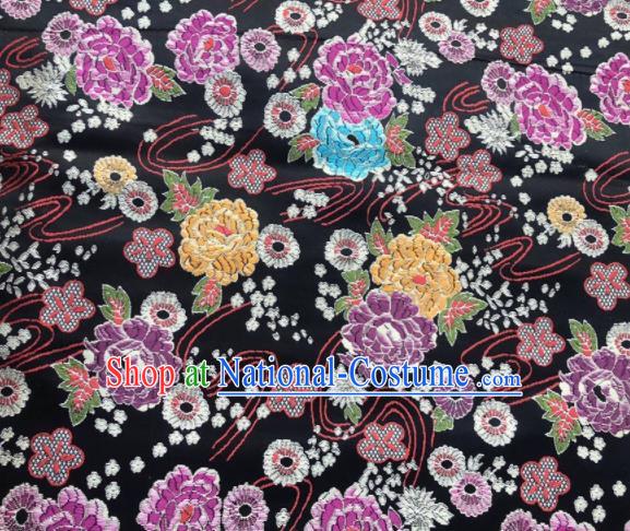 Chinese Classical Peony Plum Pattern Design Black Brocade Fabric Asian Traditional Satin Silk Material