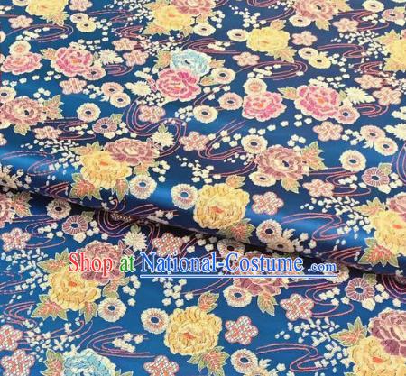 Chinese Classical Peony Plum Pattern Design Lake Blue Brocade Fabric Asian Traditional Satin Silk Material