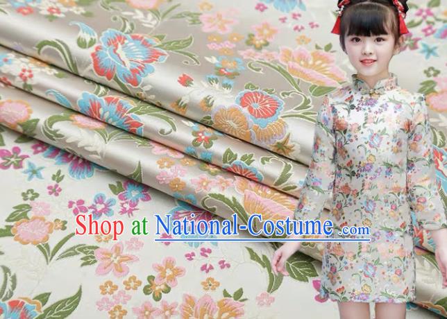 Chinese Classical Flourish Flowers Pattern Design White Brocade Fabric Asian Traditional Satin Silk Material