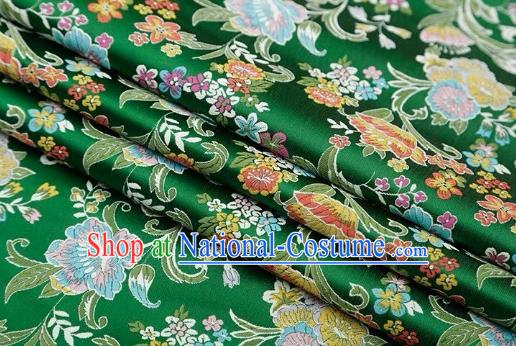 Chinese Classical Flourish Flowers Pattern Design Green Brocade Fabric Asian Traditional Satin Silk Material