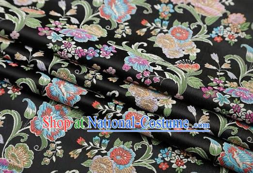 Chinese Classical Flourish Flowers Pattern Design Black Brocade Fabric Asian Traditional Satin Silk Material