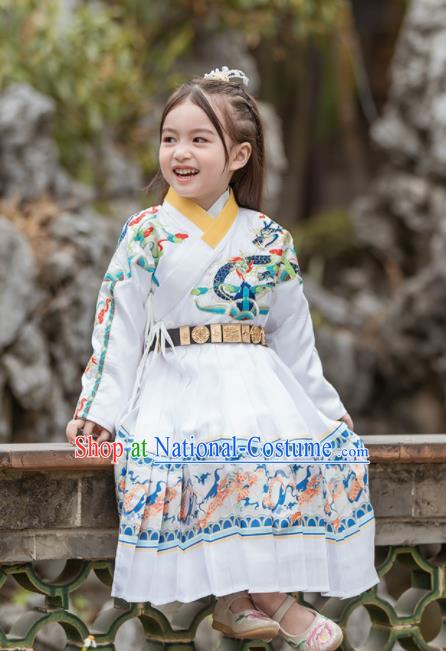 Chinese Traditional Girls Embroidered Costume Ancient Ming Dynasty Swordsman White Hanfu Dress for Kids