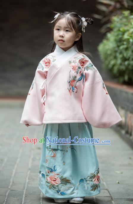 Chinese Traditional Girls Embroidered Peony Costume Ancient Ming Dynasty Princess Hanfu Dress for Kids