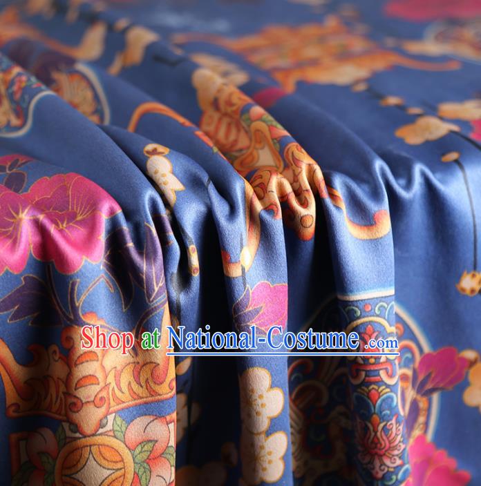 Chinese Classical Plum Quadripod Pattern Design Blue Satin Fabric Asian Traditional Cheongsam Silk Material