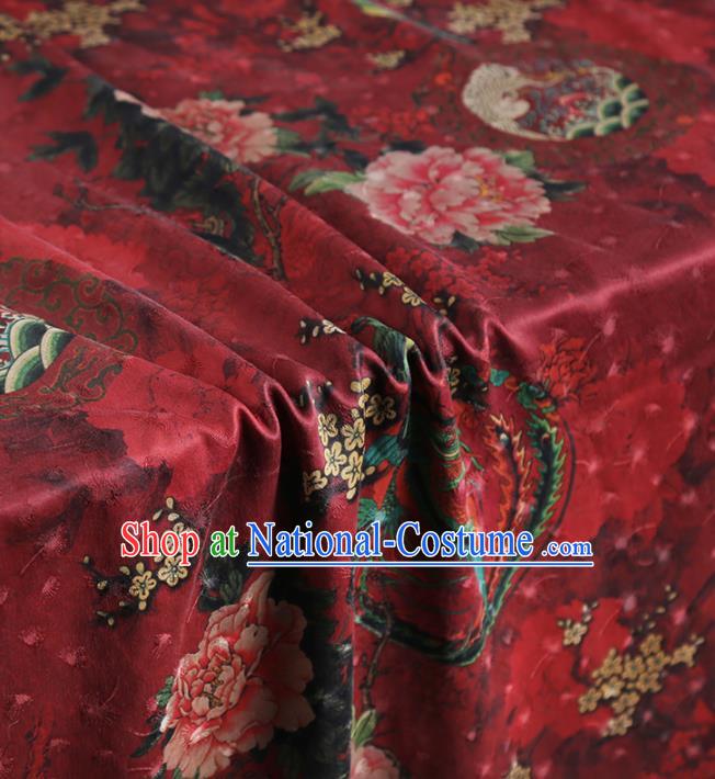 Chinese Classical Peony Plum Pattern Design Purplish Red Gambiered Guangdong Gauze Fabric Asian Traditional Cheongsam Silk Material