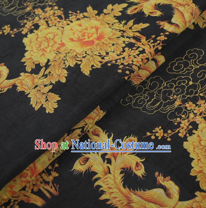 Chinese Classical Phoenix Peony Pattern Design Black Gambiered Guangdong Gauze Fabric Asian Traditional Cheongsam Silk Material