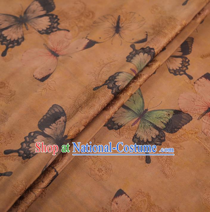 Chinese Classical Butterfly Pattern Design Light Brown Gambiered Guangdong Gauze Fabric Asian Traditional Cheongsam Silk Material