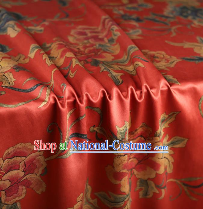 Chinese Classical Printing Peony Pattern Design Watermelon Red Gambiered Guangdong Gauze Fabric Asian Traditional Cheongsam Silk Material