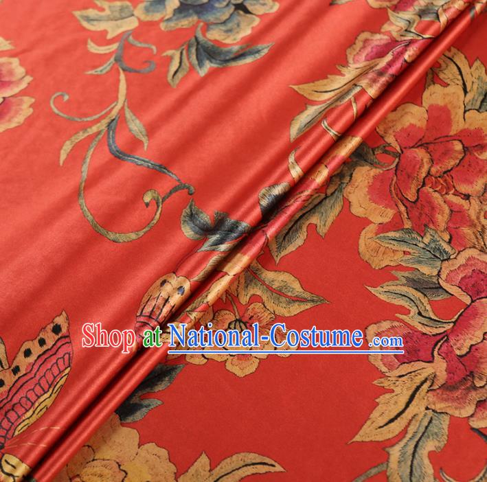 Chinese Classical Printing Peony Pattern Design Watermelon Red Gambiered Guangdong Gauze Fabric Asian Traditional Cheongsam Silk Material