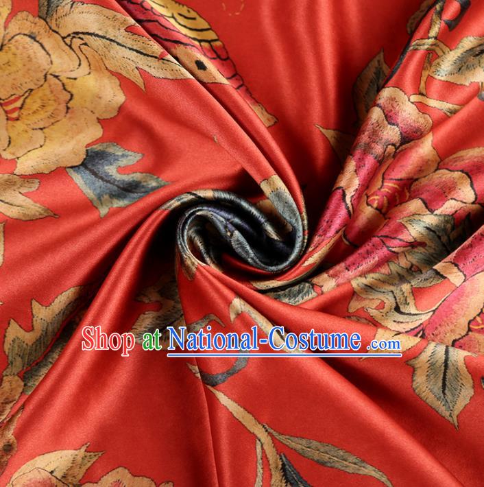 Chinese Classical Printing Peony Pattern Design Watermelon Red Gambiered Guangdong Gauze Fabric Asian Traditional Cheongsam Silk Material