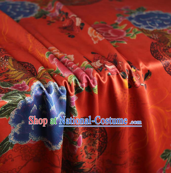 Chinese Classical Printing Peony Pattern Design Red Gambiered Guangdong Gauze Fabric Asian Traditional Cheongsam Silk Material