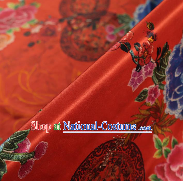 Chinese Classical Printing Peony Pattern Design Red Gambiered Guangdong Gauze Fabric Asian Traditional Cheongsam Silk Material