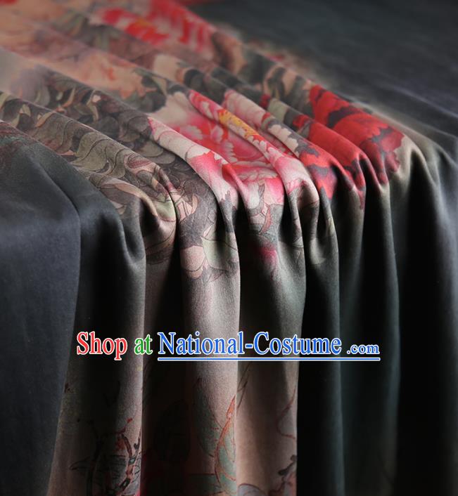 Chinese Classical Printing Peony Pattern Design Dark Green Gambiered Guangdong Gauze Fabric Asian Traditional Cheongsam Silk Material