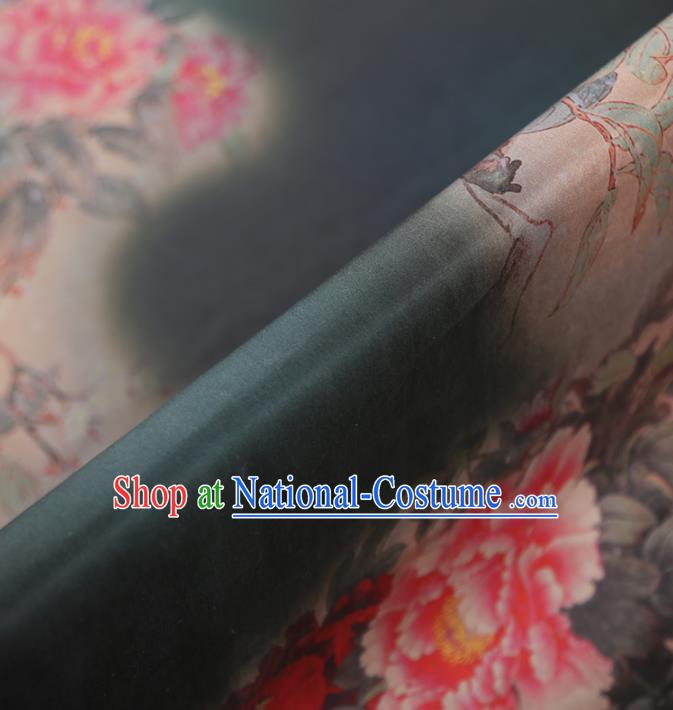 Chinese Classical Printing Peony Pattern Design Dark Green Gambiered Guangdong Gauze Fabric Asian Traditional Cheongsam Silk Material