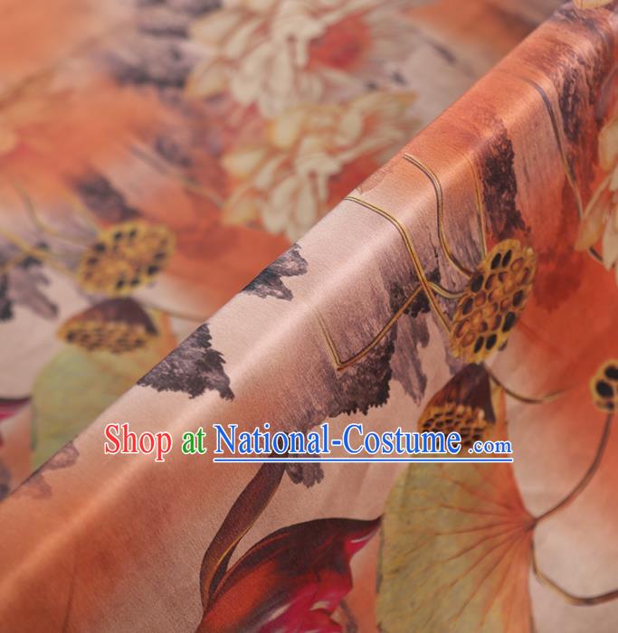 Chinese Classical Printing Lotus Pattern Design Orange Gambiered Guangdong Gauze Fabric Asian Traditional Cheongsam Silk Material