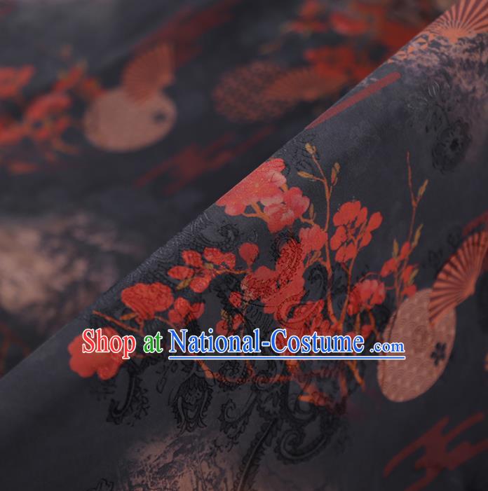 Chinese Classical Printing Plum Pattern Design Grey Gambiered Guangdong Gauze Fabric Asian Traditional Cheongsam Silk Material