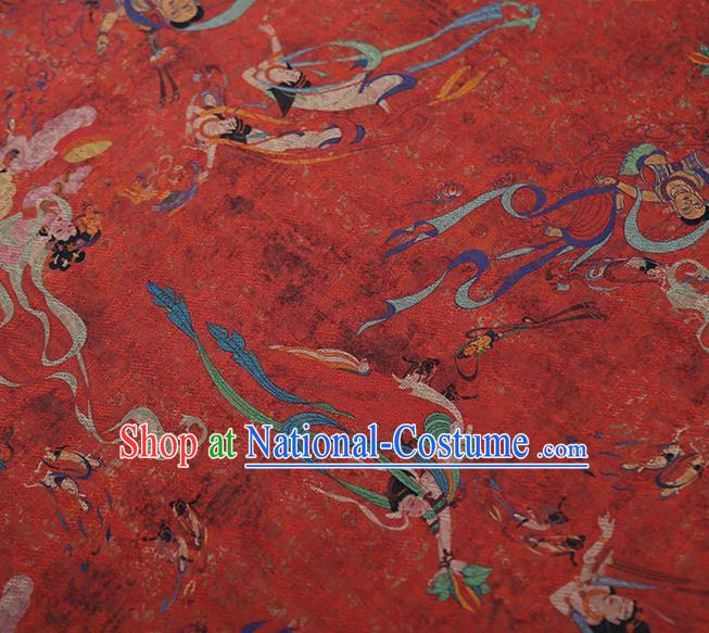 Chinese Classical Printing Flying God Pattern Design Red Gambiered Guangdong Gauze Fabric Asian Traditional Cheongsam Silk Material