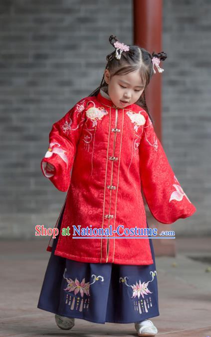 Chinese Traditional Girls Embroidered Red Hanfu Dress Ancient Ming Dynasty Princess Costume for Kids