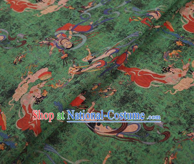 Chinese Classical Printing Flying God Pattern Design Green Gambiered Guangdong Gauze Fabric Asian Traditional Cheongsam Silk Material