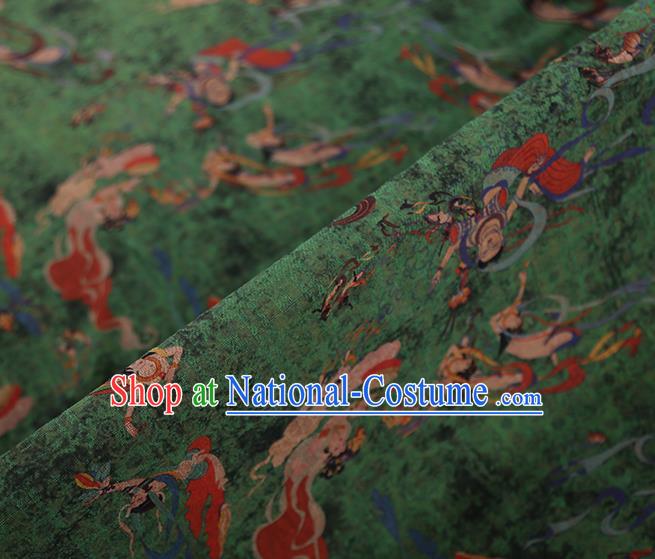 Chinese Classical Printing Flying God Pattern Design Green Gambiered Guangdong Gauze Fabric Asian Traditional Cheongsam Silk Material