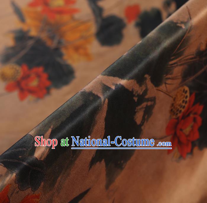 Chinese Classical Printing Lotus Pattern Design Brown Gambiered Guangdong Gauze Fabric Asian Traditional Cheongsam Silk Material