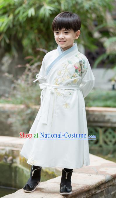 Chinese Traditional Ming Dynasty Scholar White Costume Ancient Swordsman Hanfu Clothing for Kids