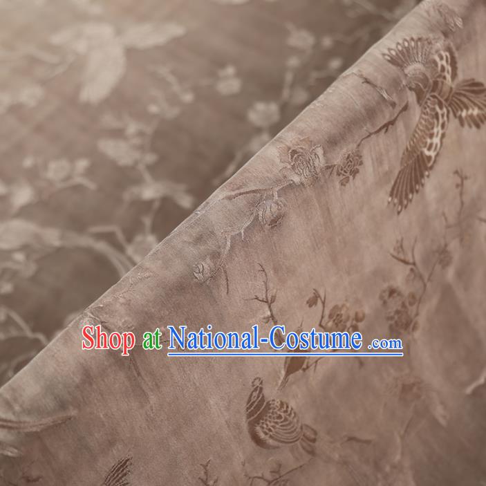 Chinese Classical Printing Plum Bird Pattern Design Brown Gambiered Guangdong Gauze Fabric Asian Traditional Cheongsam Silk Material